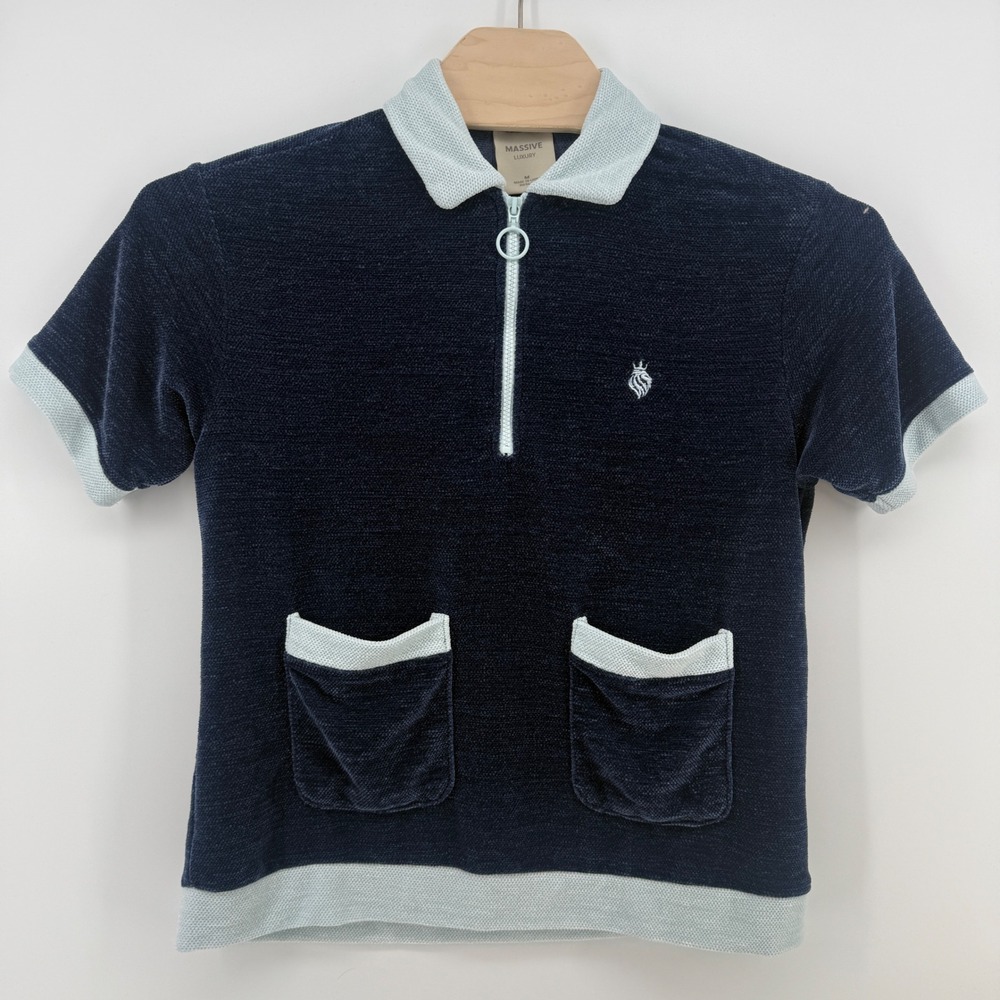 Massive Luxury Polo Shirt Mens M Navy Blue Terry Cloth Quarter Zip Retro